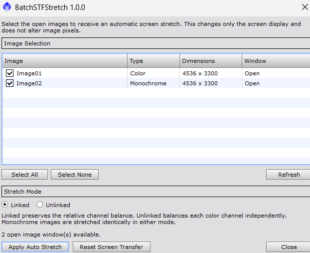 BatchSTFStretch 1.0.0 dialog in PixInsight showing image selection, linked and unlinked stretch modes, Apply Auto Stretch, and Reset Screen Transfer controls