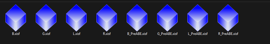 PixInsight workspace showing renamed LRGB files and pre-processing suffix files