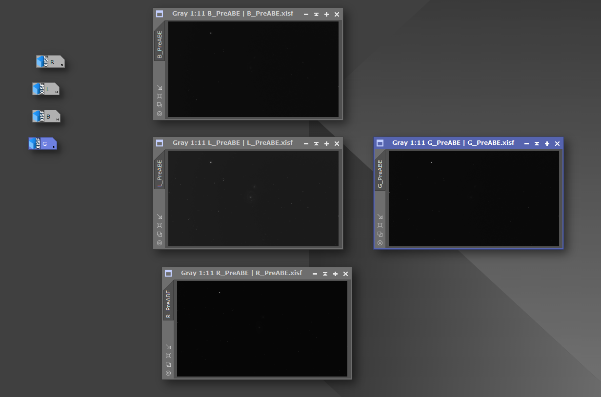 PixInsight workspace showing images renamed with a PreABE suffix and collapsed source icons stacked vertically