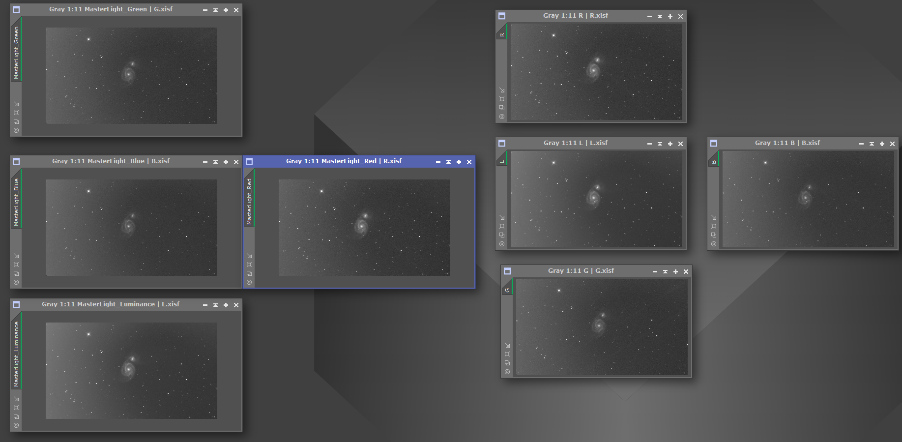 PixInsight workspace showing long master light names before filter renaming