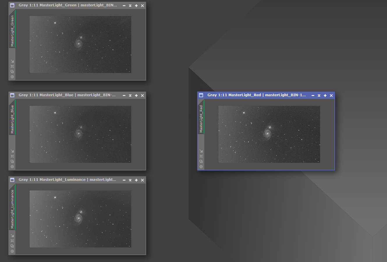 PixInsight workspace showing image windows aligned after running MatchOpenImageSizes