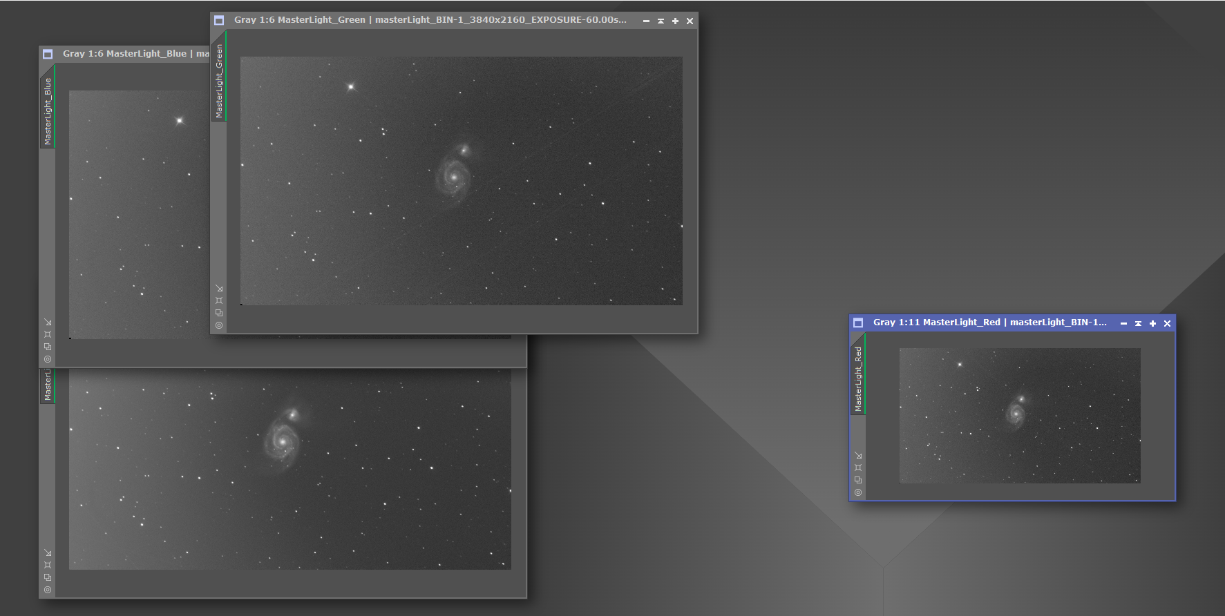 PixInsight workspace before resizing, with open image windows at different zooms and sizes